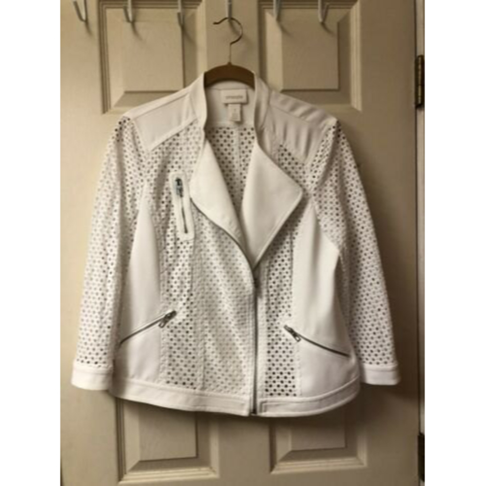 Chicos 1 Medium Womens Jacket Open Weave White, Bomber Style, Zippers, Snaps